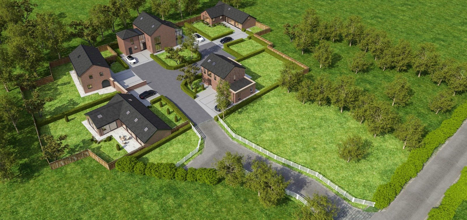 Aerial view of the completed six barn conversion scheme, North West